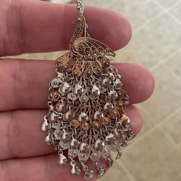 STERLING silver 925/Gold plated Peacock pendant/pin - Picture 1 of 14